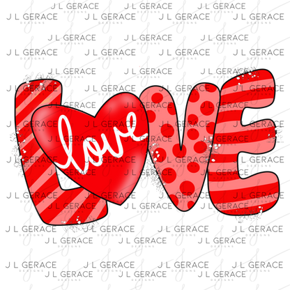 Red Love Word PNG with Heart Paint Splatter Mixed Pattern Design