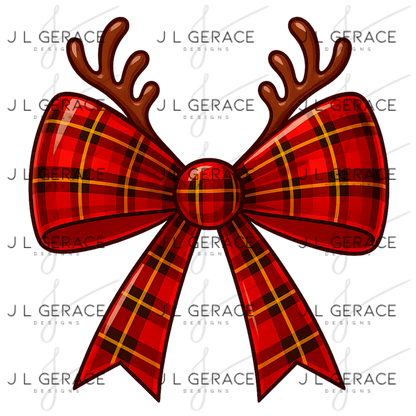 Reindeer Plaid Christmas Bow PNG Clipart – Glossy Holiday Ribbon Design