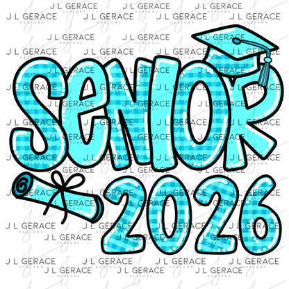 Senior 2026 PNG – Aqua Plaid Graduation Cap and Diploma Design