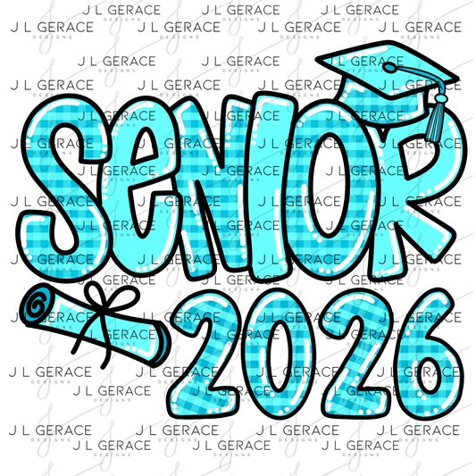 Senior 2026 PNG – Aqua Plaid Graduation Cap and Diploma Design