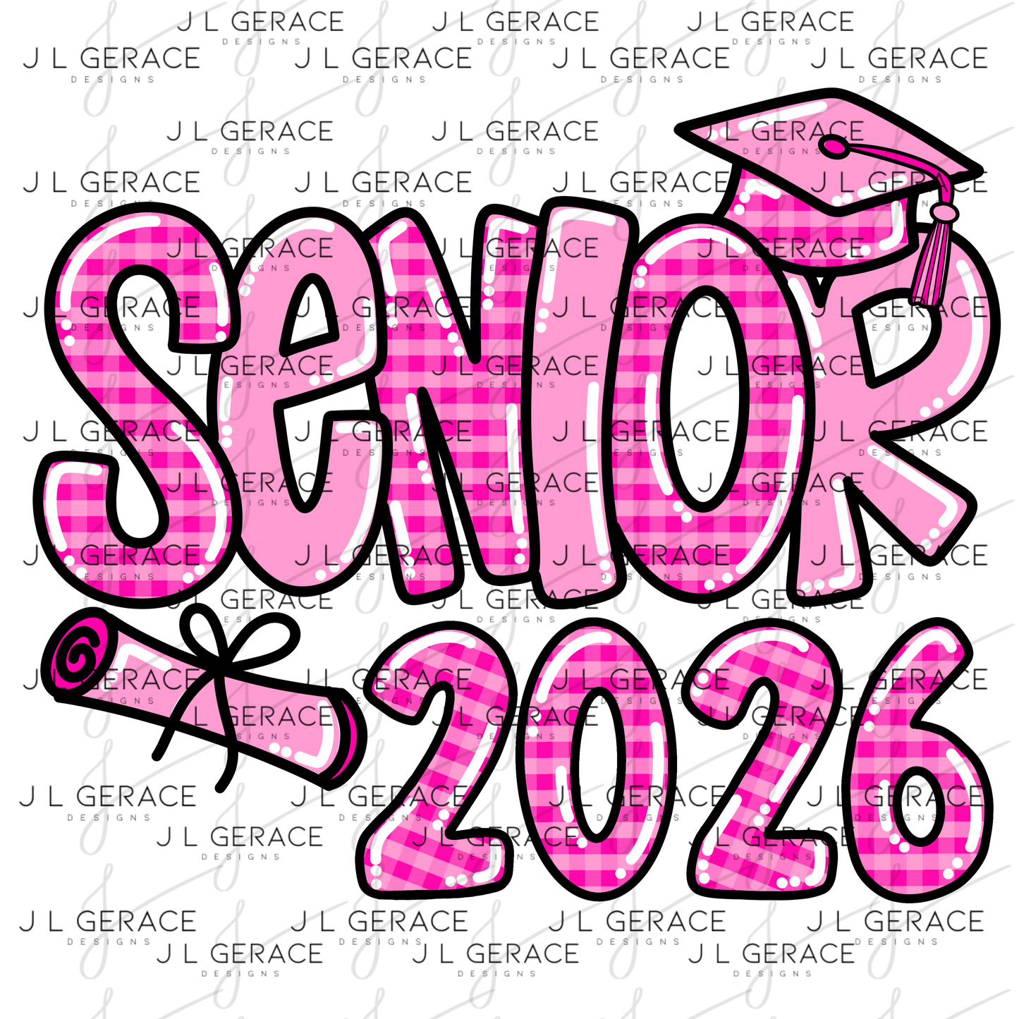 Senior 2026 PNG – Pink Gingham Graduation Cap and Diploma Design