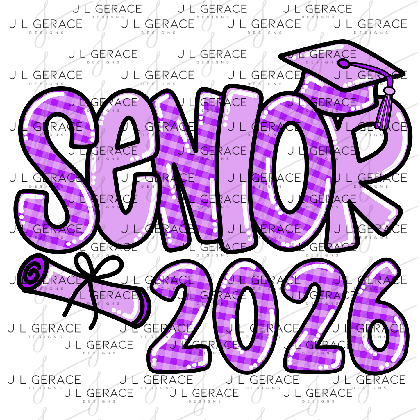 Senior 2026 PNG – Purple Gingham Graduation Cap and Diploma Design
