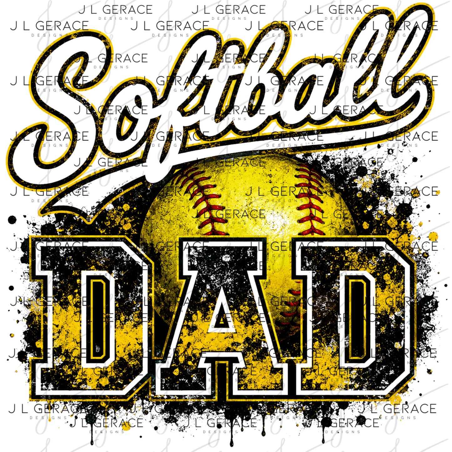 Softball Dad PNG – Yellow Black Paint Splatter Sports Design with Softball