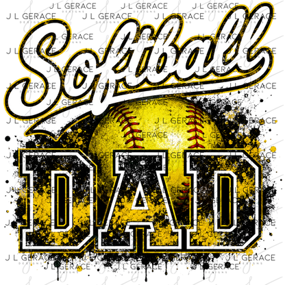 Softball Dad PNG – Yellow Black Paint Splatter Sports Design with Softball