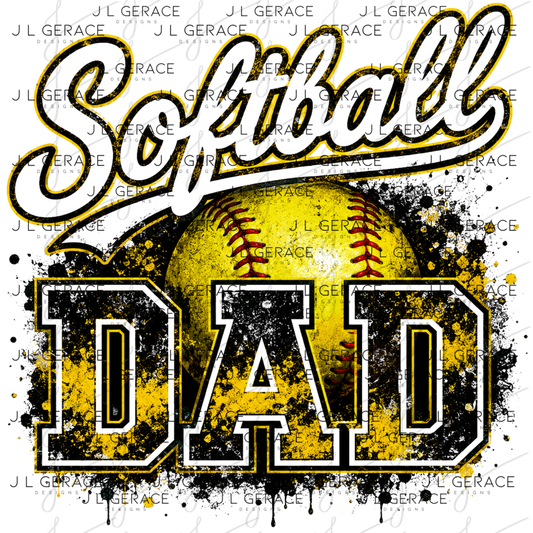 Softball Dad PNG – Yellow Black Paint Splatter Sports Design with Softball