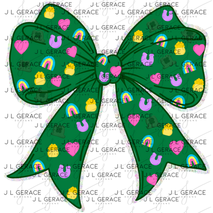 St Patrick Lucky Bow PNG, Rainbow Shamrock Glitter Bow Design, Sublimation PNG Download