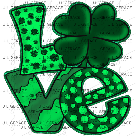 St Patricks Day Love PNG Green Glitter Shamrock Sublimation Design