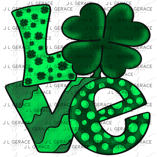 St Patricks Day Love Shamrock PNG Green Clover Sublimation Design
