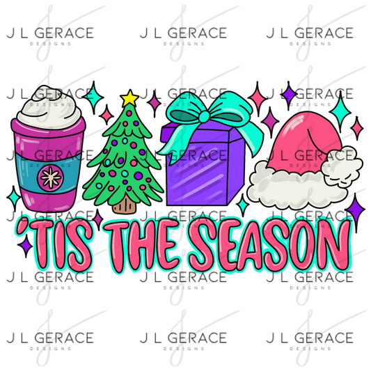 ’Tis The Season Christmas PNG – Bright Coffee Cup, Tree, Gift & Santa Hat