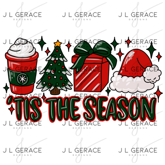 ’Tis The Season Christmas PNG – Classic Red & Green Coffee Cup, Tree, Gift & Santa Hat