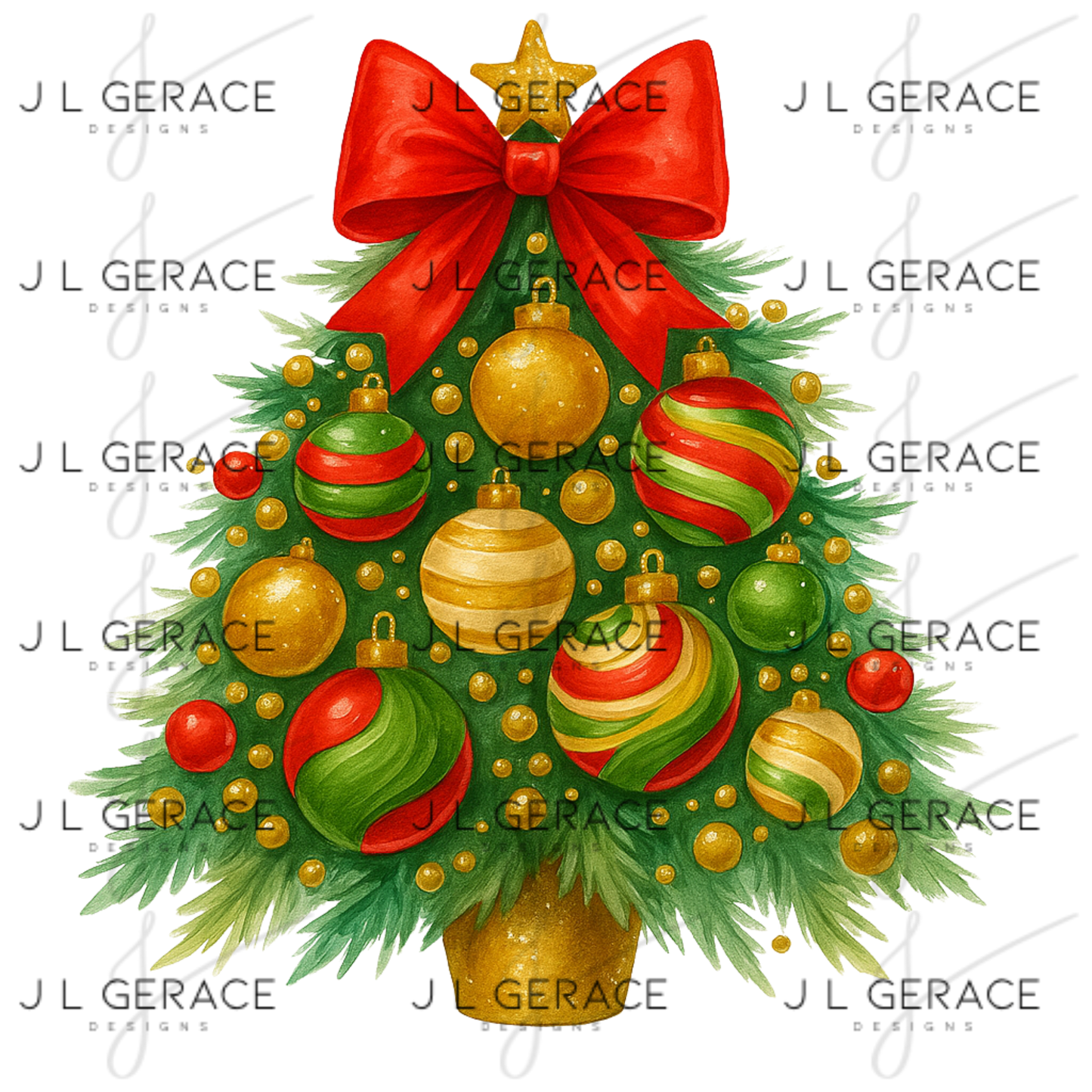 Traditional Red & Gold Christmas Tree PNG Clipart – Glossy Ornament Holiday Design