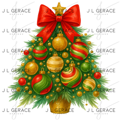 Traditional Red & Gold Christmas Tree PNG Clipart – Glossy Ornament Holiday Design