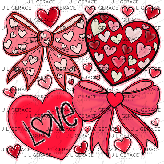 Valentine Love Hearts & Bows PNG with Glitter Outline Set