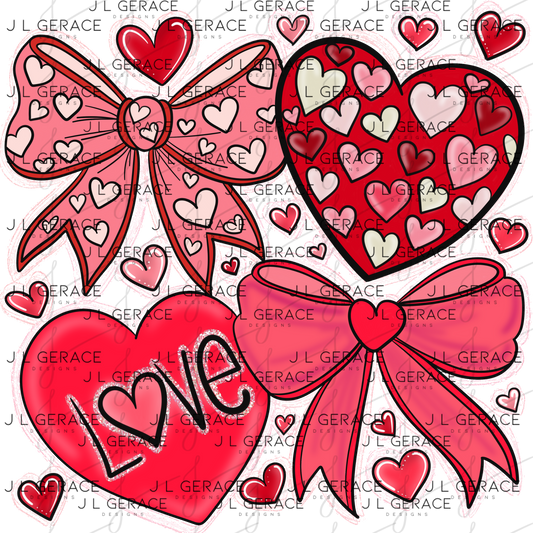 Valentine Love Hearts & Bows PNG with String Glitter Outline