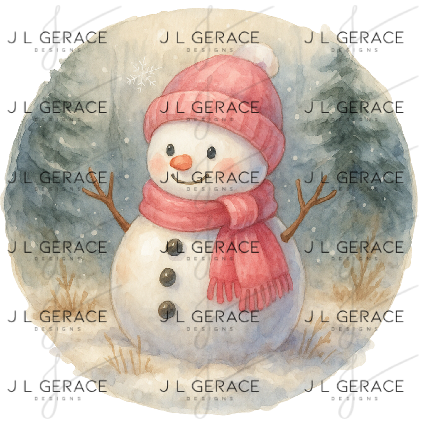 Watercolor Snowman PNG – Cute Winter Snowman Clipart with Pink Hat & Scarf