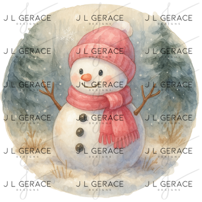 Watercolor Snowman PNG – Cute Winter Snowman Clipart with Pink Hat & Scarf