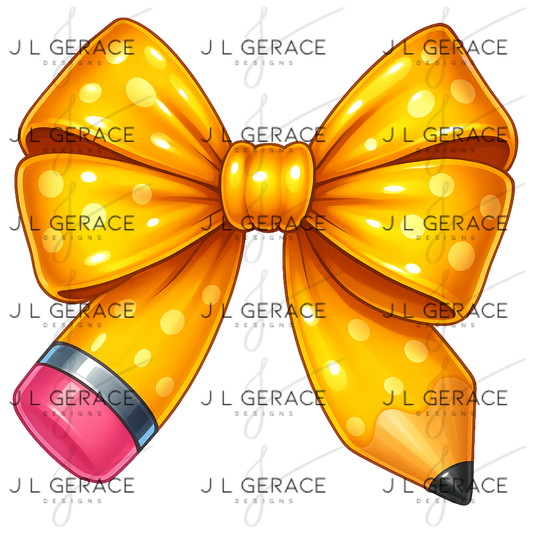 Yellow Polka Dot Pencil Bow PNG – Teacher Clipart